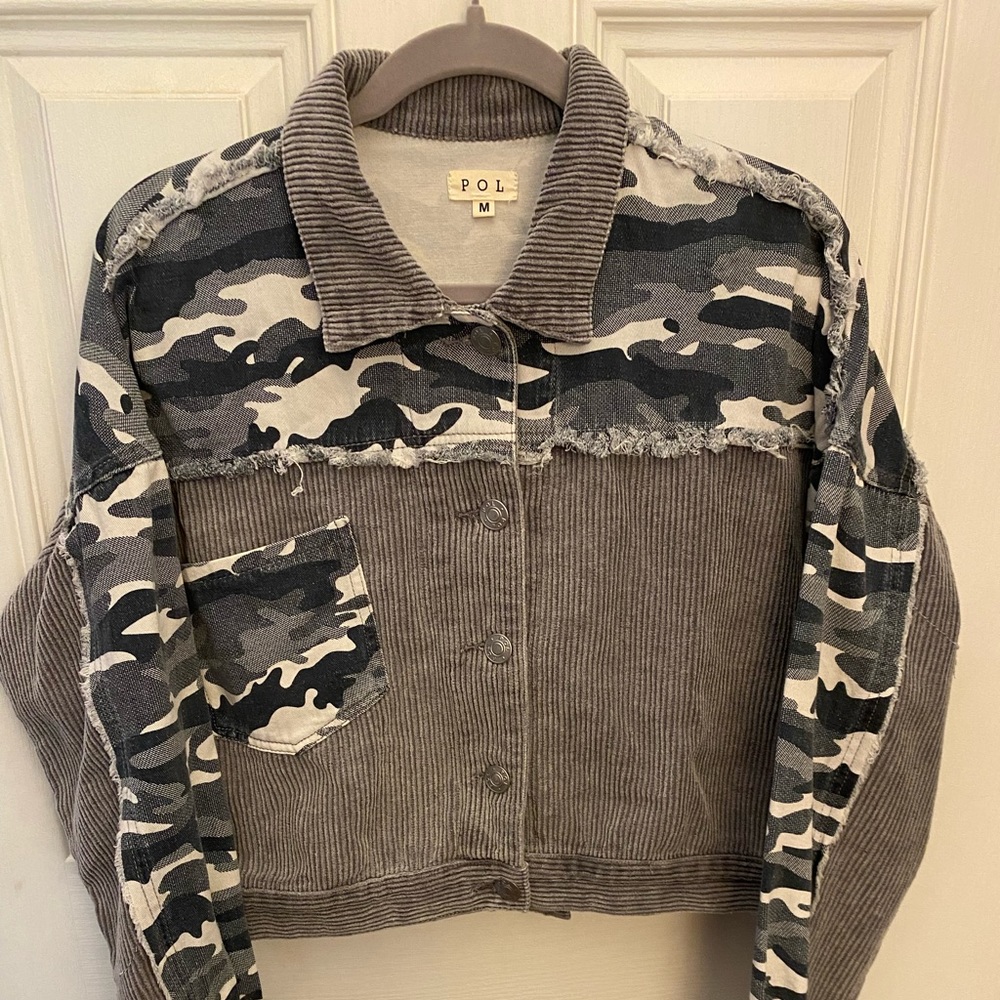 POL Grey corduroy and camo cropped jacket